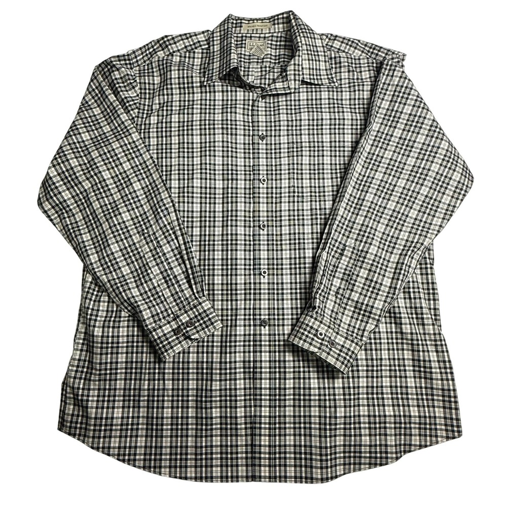 LL Bean Mens XL Regular Wrinkle Resistant Plaid Cotton Button Down Shirt Black